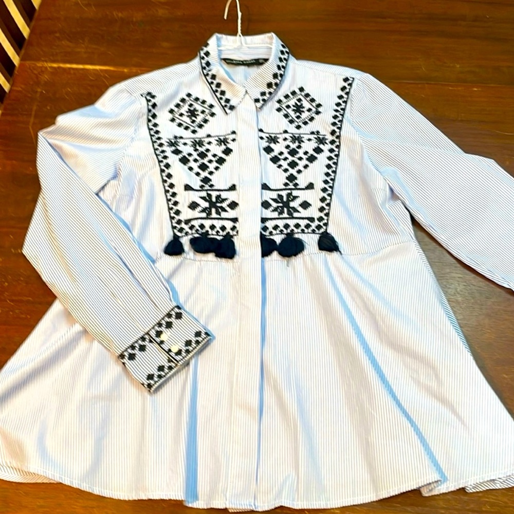 Zara Blue and White Embroidered Blouse